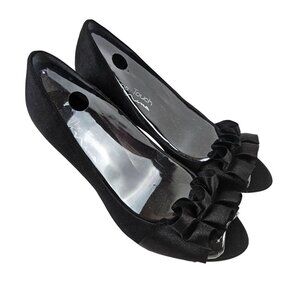 The Touch Of Nina Heels Women Size 8.5 Black Satin Peep Toe Ruffle Leather Sole